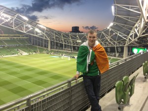 Chris Darby poses with Ireland flag in the Aviva before the match